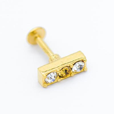 China Three Crystal Gems 16G Labret Piercing Jewelry Gold Body 316L Stainless Steel for sale