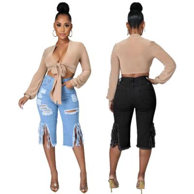 China Breathable Jeans Shorts For Women High Waisted Washed Hole Distressed Fringed Ripped Stretch Jeans With Pockets for sale