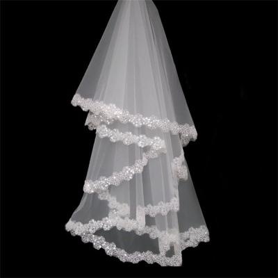 China Wholesale Ivory White Ribbon Edge Handmade Sequins Wedding Bridal Veils With Comb for sale