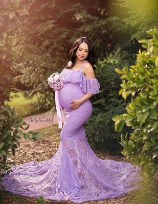 China Wholesale Sleeveless Elegant Maternity Clothing Mermaid Ruffle Maxi Anti-allergy Lace Dress For Photography for sale