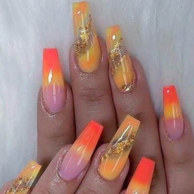 China Nail Art Salon Coffin Long Fake Nails Rainbow Gradient Color Ballerina Shiny Acrylic Press On Nails for sale