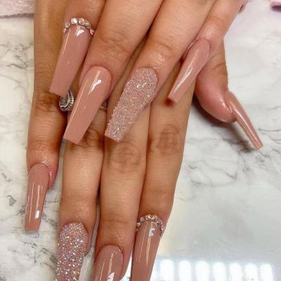 China Nail Art Salon Long Press on Nails Coffin Acrylic Nails Fake Nails with Rhinestones for sale