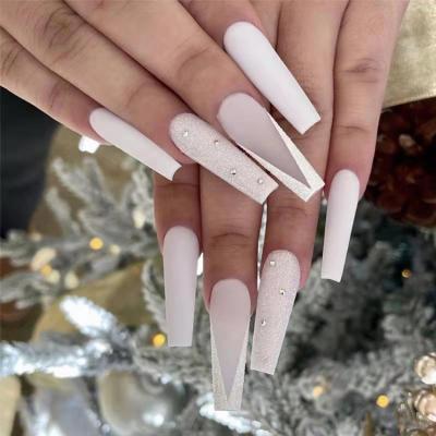 China Nail Art Salon Luxury Press Nails On Long Coffin White Rhinestone Fake Nails Matte False Nails Acrylic for sale