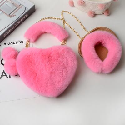 China Fashion Wholesale Heart Shape Furry Handbags Sets Faux Fur Handbags Purses And Headbands For Women for sale