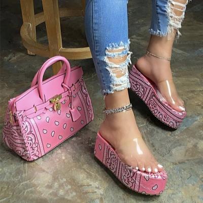 China 2021 Fashion Trend Summer Women Platform Slides Bandana Wedge Shoes Bandana Heels Slip On Slide Sandals Shoes Women Bag Set for sale