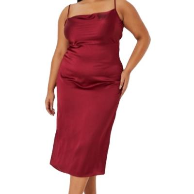 China Plus Size Burgundy Satin Cowl Slip Anti-Static Midi Dress for sale