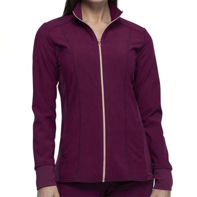 China New Stylish Long Sleeve Hospital Zipper Front 2 Pockets Solid Multi Color Scrub Jacket For Women for sale