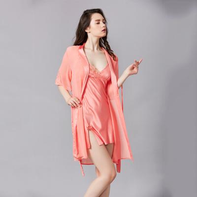 China QUICK DRY Women Full Slips Summer Sleepwear Haft Sleeve Robe Silky Satin Nightgowns for sale