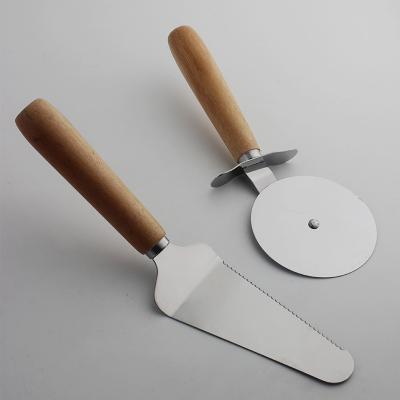 China Sustainable Food Grade Pizza Cutter Set Stainless Steel Pizza Cutter Wheel And Pizza Server Set With Natural Wood Handles for sale