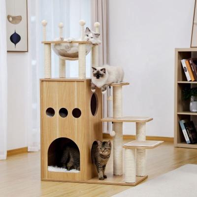 China Free Shipping Stocked Cat Tree Condo Sky Castle Modern Multilevel Wooden Cat Tree Scratcher From USA for sale