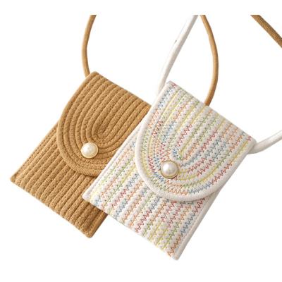 China Factory New Design Summer Eco-Friendly Women Camel Girls White Niyang Cell Phone Bags Small Strap Long Shoulder Woven Cotton Bag for sale