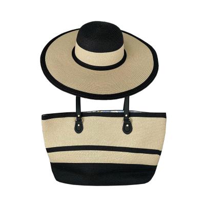 China 2021 Wholesale NY Summer Women Travel Eco-friendly Stripe Color Paper Straw Wrapping Beach Eco-Friendly Beige Hat And Bag Set for sale