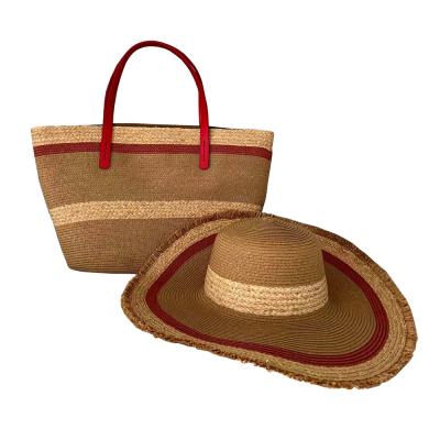 China 2021 NY Wholesale Summer Women Travel Camel Stripe Color Paper Straw Wrapping Eco-Friendly Beach Hat And Bag Set for sale