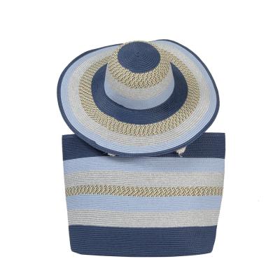 China 2021 NY Summer Women Eco-Friendly Handmade Soft Paper Stripe Straw Handle Packing Women's Beach Hat And Bag Plus Size Set for sale