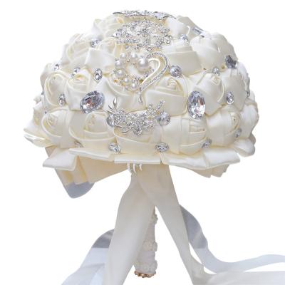 China Polyester+Alloy Acrylic Handmade White Round Large Round Diamond Rhinestone Luxury Wedding Flower Wedding Bouquet Milk White Rhinestone Decoration Brides Flower for sale