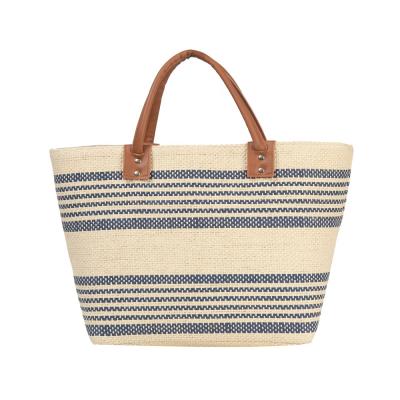 China Custom Factory Niyang Fashion Navy Blue Stripe Women Colorful Leather Tote Handle Ladies Summer Paper Straw Shopping Bag for sale