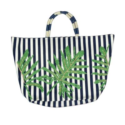 China Green Large Size Leaf Material Canvas Fashion Design Stripe Embroidery OEM Logo Paper Rope Handle Women Handmade Tote Handbags for sale