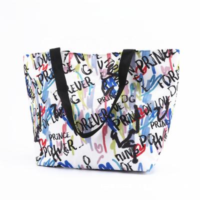 China Niyang Women Summer Travel Eco-friendly Beach Travel Large Tote Ribbon Handle Girls Soft Wide Letter Printing Promotion Canvas Beach Bag for sale