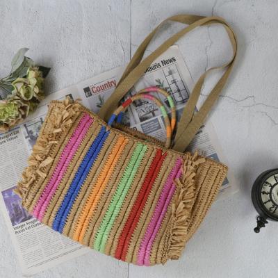 China Niyang Factory Wholesale Summer Large Capacity Straw Handmade Woven Colorful Striped Paper Bag Travel Strong Women Handbags for sale