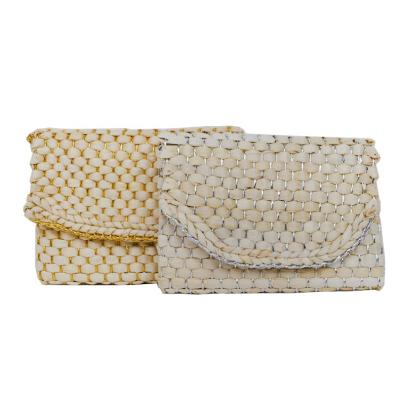 China Fashion New Design Summer Beach Travel Woman Girls Handmade Woven Gold Silver Cross - Body Metal Shoulder Band Corn Husk Clutch Bag for sale