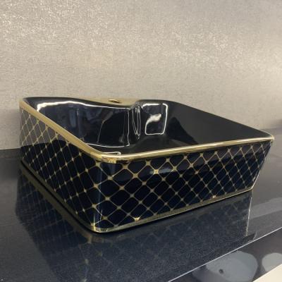 China New Design Gloss Black Color Wash Basin Gold Color Easy Clean Hand Sink For Hotel Bathroom for sale