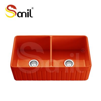 China Without Faucet 33 Inch Glossy Orange Vegetable Kitchen Sink Custom Made Double Bowl Sink for sale