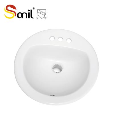 China Smooth Ceramic Small Round Wash Basin White Three-Hole Faucet Bathroom Sink for sale