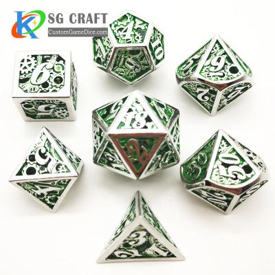 China DND games dungeons and dragons dnd game custom polyhedral dice 7pcs set silver d4-d20 cavity metal steampunk destiny caged dice RPG for sale