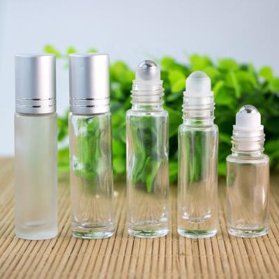 China Personal Care 10ml Essential Oil Transparent Frosted Glass 10ml Roll On Bottle With Stainless Steel Ball And Metal Closure for sale