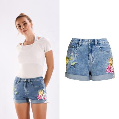 China Sustainable Women's Flower Embroidered Denim Shorts Floral Embroidery Jeans Shorts Short Pants For Women for sale