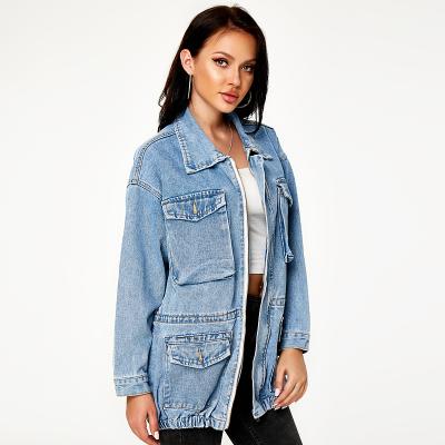 China Light Blue China Zipper Closure Motorcycles Pocket Viable Cargo Winter Women's Long Jacket Denim Jacket for sale