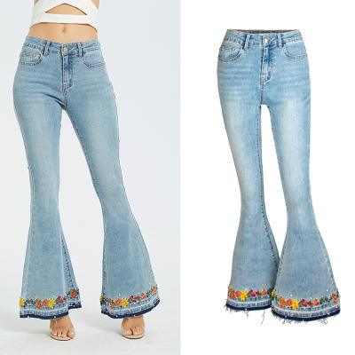 China Sustainable Female Jeans High Waisted Embroidery Boot Cut With Mom Jeans Denim for sale