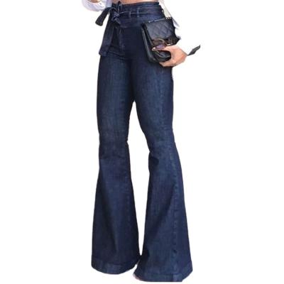 China Viable South American high waist elastic waistband tie flared wide leg pants jeans for tall women for sale