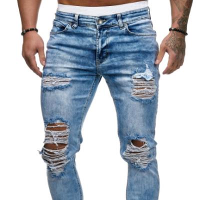 China Fashion Viable Wholesale Light Blue Casual Washed Slim Man Denim Pants Slim Fit Pants For Men Rpped Jeans for sale