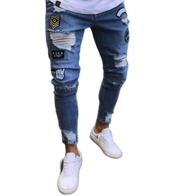 China High quality QUICK DRY hole pants slim new men's stretch denim badge pants art patches jeans for sale