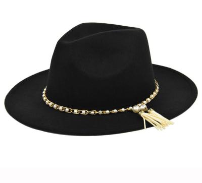 China Hot Selling Wholesale Custom Verified Jazz Hat High Quality Pearl Tassel Top Hat Retro Big Brim Black Wool British Hat for sale