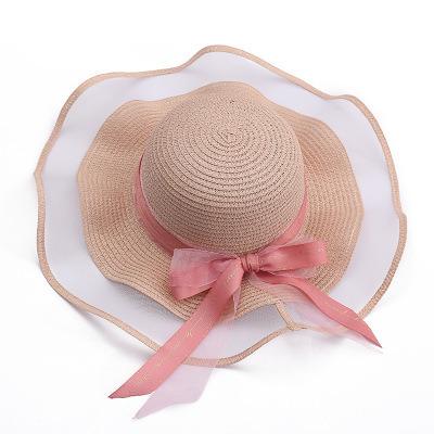 China COMMON Net Hat Summer Female Net Chat Collapsible Straw Hat Elegant Big Brim Sun Seaside Bowknot Beach Hat for sale