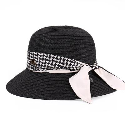 China New Summer Straw Hat Women Trend Customization Fashion Striped Wild Bow Sun Shade Wholesale Travel Seaside Beach Hat for sale