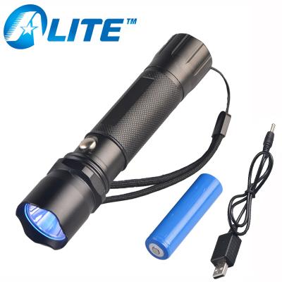 China 365nM 395nM Ultraviolet Camping Light USB Rechargeable UV Flashlight With 18650 Battery for sale