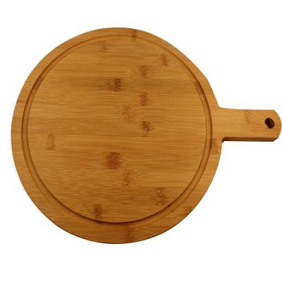 China Sustainable Round Wooden Chopper Pizza Serving Natural Log Bamboo Cutting Board With Handle for sale