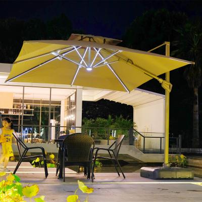 China Modern Outdoor Garden Sun Parasol Luxury Commercial Umbrella For Restaurant Solar Led Lights Side Cantilever Hanging Offset for sale