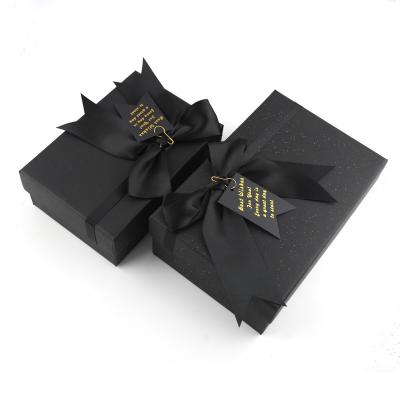 China High Quality Materials Small Recycled Gift Boxes Black Mothers Fathers Christmas Gift Boxes With Ribbon Closure for sale