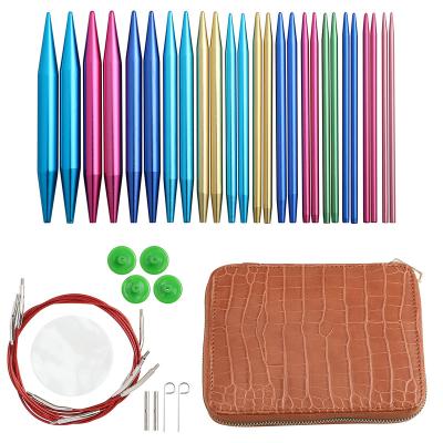 China Looen Aluminum Alloy Chatter Interchangeable Knitting Hook Kit Circular Knitting Needle Accessory Needle Set With Genuine Leather Zipper Bag for sale