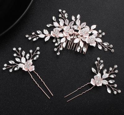 China Fashionable Elegant Rose Gold Crystal Bridal Hair Accessories Pearl Wedding Dress Bridesmaid Hair Comb For Women for sale