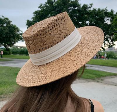 China Wholesale Custom Large Character Straw Woven Brim Panama Flat Top Straw Hat Beach Sunscreen Straw Hat for sale