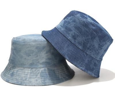 China Vintage Striped Wholesale Distressed Wide Brim Jean Denim Fisherman Bucket Hats for sale