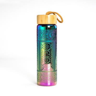 China Customized Sustainable High Boron Electroplating Glass Water Bottle With Bamboo Lid for sale