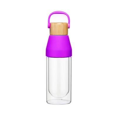 China 300ml Sustainable Double Wall Borosilicate Glass Water Bottle With Bamboo Handle Lid for sale