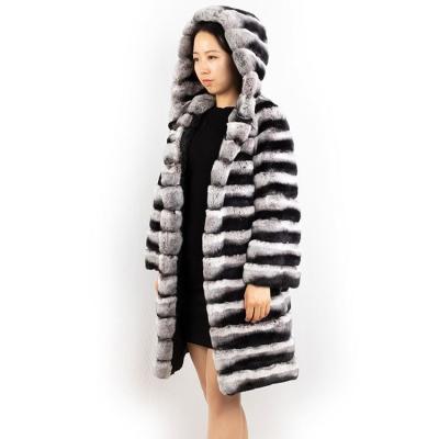 China Istanbul New Style Luxury Anti-shrink Hooded Chinchilla Fur Coat Real Rex Rabbit Fur Women Coats 90cm Long for sale