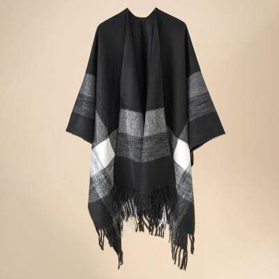 China Plaid Fashion Winter Ladies Elegant Plus Size Cardigan Poncho Block Shawls Female Wraps Ruana Cape With tassel for sale